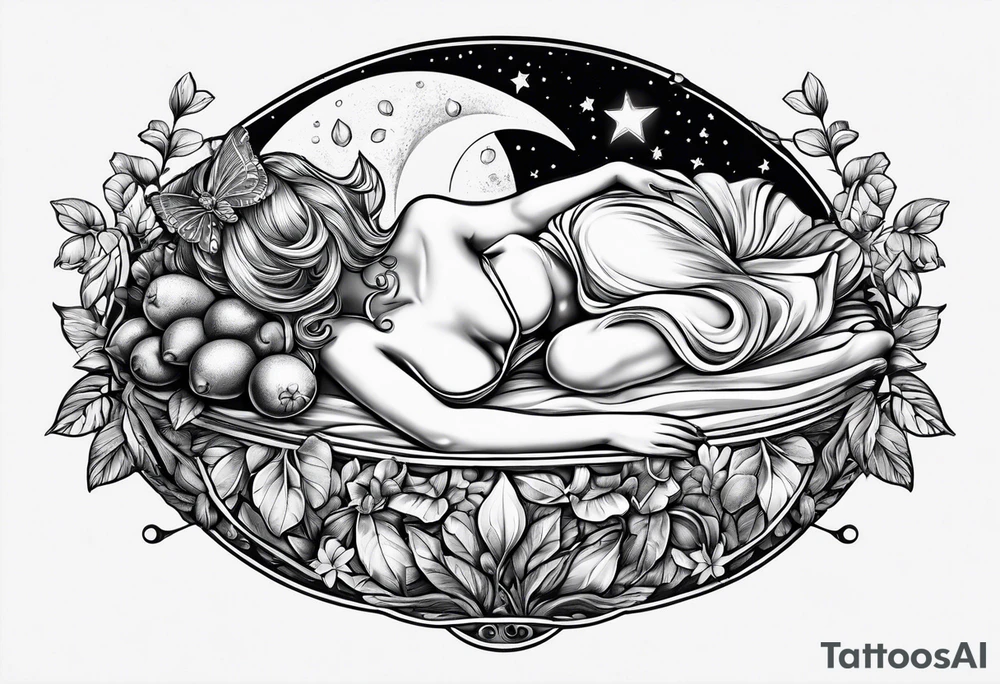 Fairy asleep on half a lemon tattoo idea