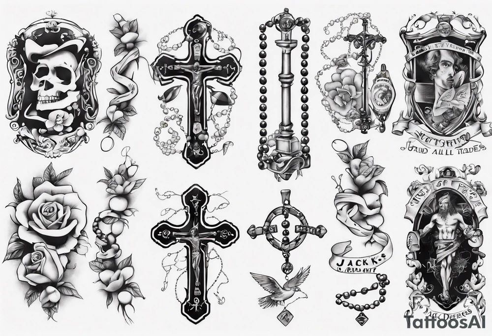 men’s arm sleeve, rosary, the name Peters, jack of all trades tattoo idea