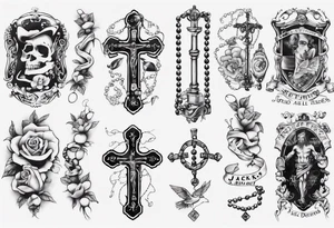 men’s arm sleeve, rosary, the name Peters, jack of all trades tattoo idea