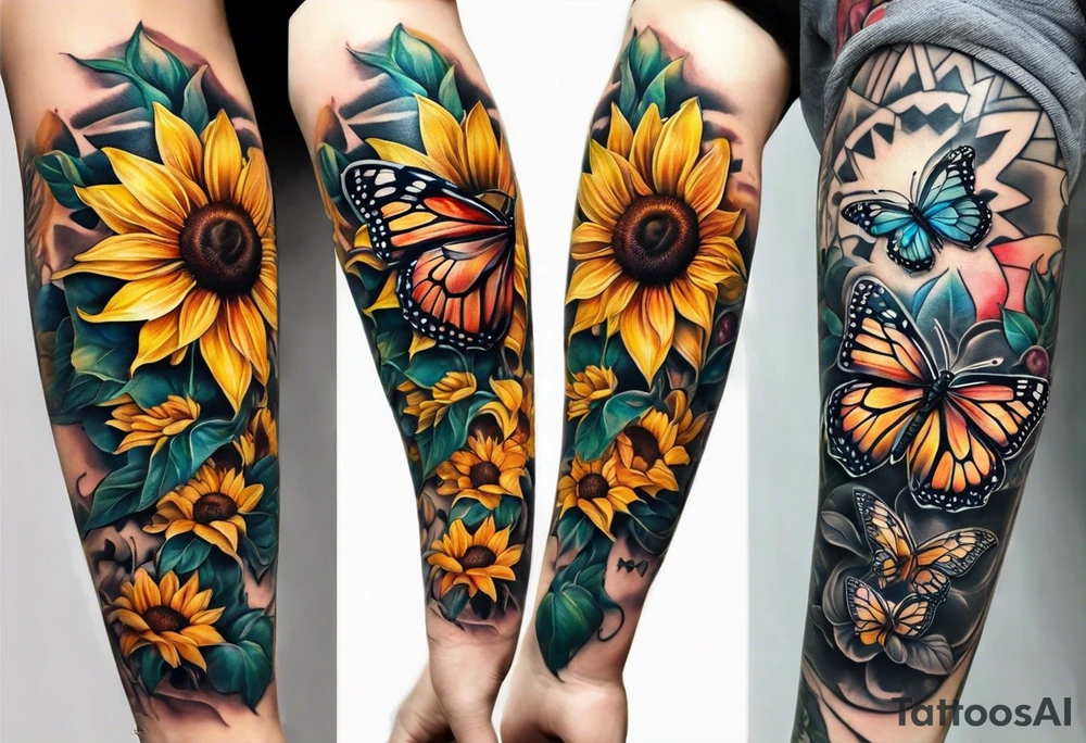 Sunflower with butterfly half leg sleeve tattoo idea