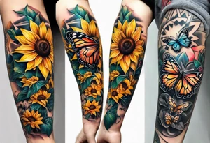 Sunflower with butterfly half leg sleeve tattoo idea
