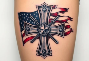 A steel-textured Maltese cross with the American flag waving in the background, symbolizing patriotism and heroism. tattoo idea