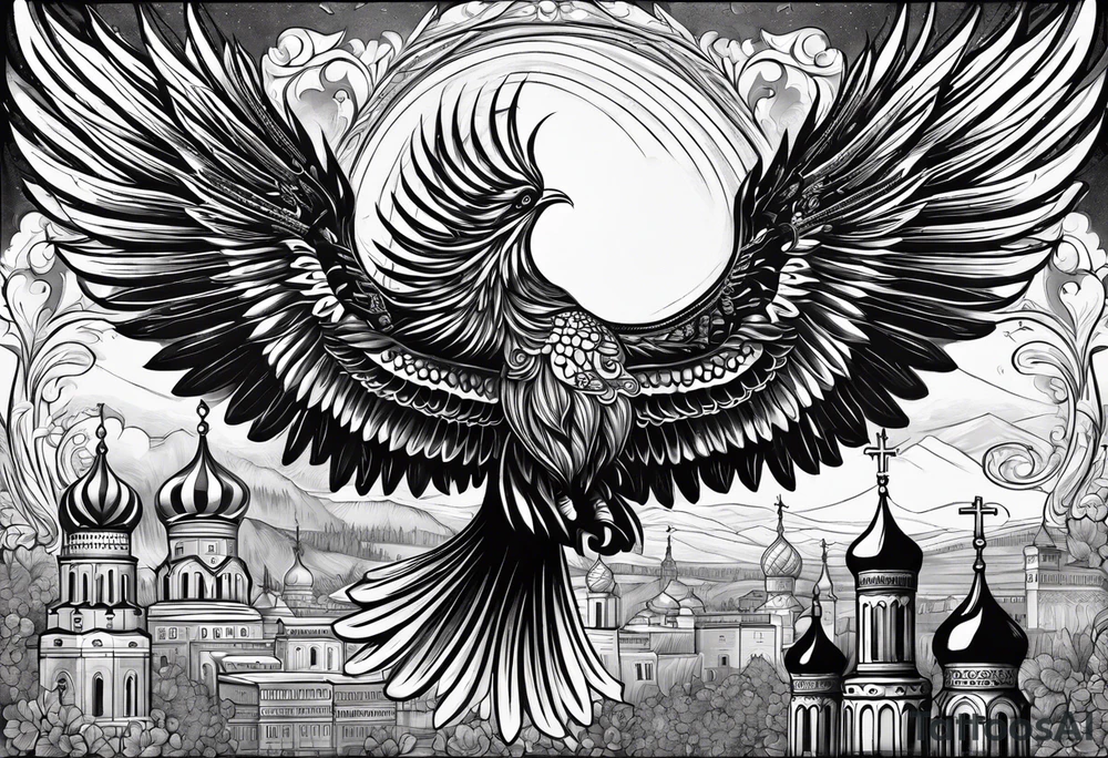 russian firebird in-flight with fancy tail and 3 small onion cap monastery towers in background, with "Isaiah 43: 18-19" tattoo idea