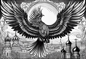 russian firebird in-flight with fancy tail and 3 small onion cap monastery towers in background, with "Isaiah 43: 18-19" tattoo idea