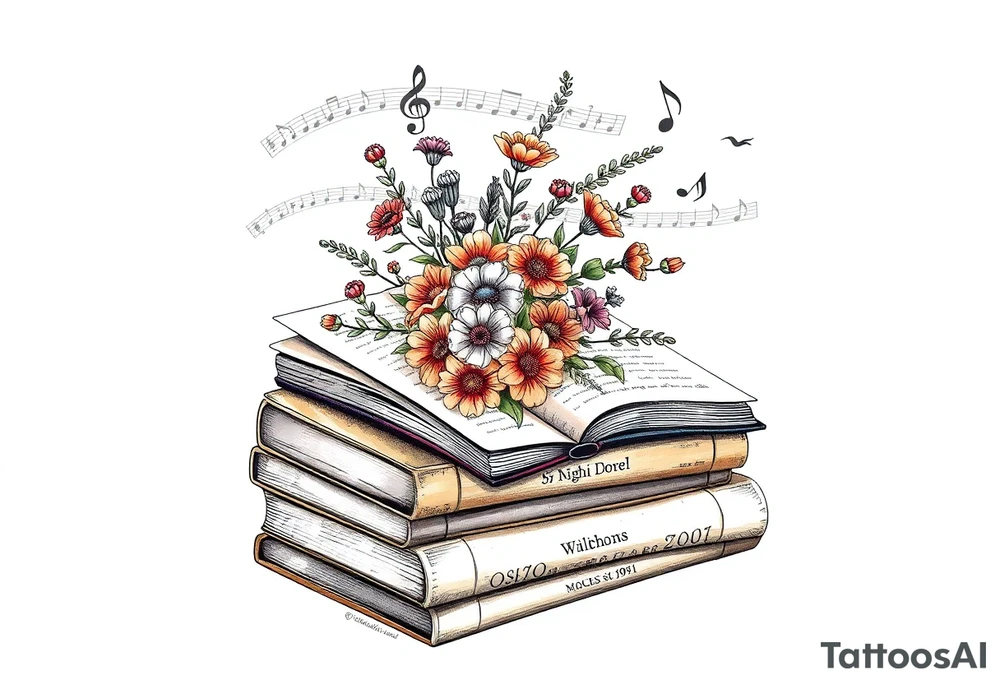 stack of 3 vintage books with various names on the spines top book open with bouquet of different kinds of wild 
flowers coming out of it
Music notes dancing around in the background Spanish Mexican essence tattoo idea