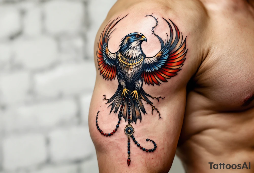 An Egyptian Falcon (Horus) Carrying a Rosary (only red, blue and black are possible colors) tattoo idea