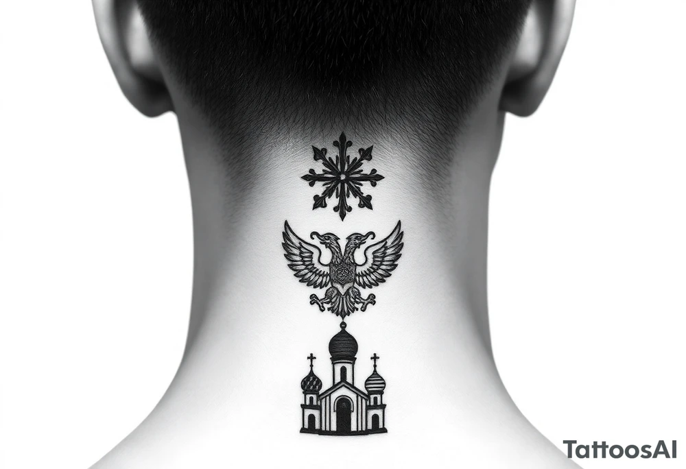 Stacked Vertical Column 

Russian star — small, bold
Middle: Miniature double-headed eagle — simplified, cleaner lines to suit the smaller space
Bottom: Orthodox church dome(s) with a small Virgin Mary silhouette beneath tattoo idea