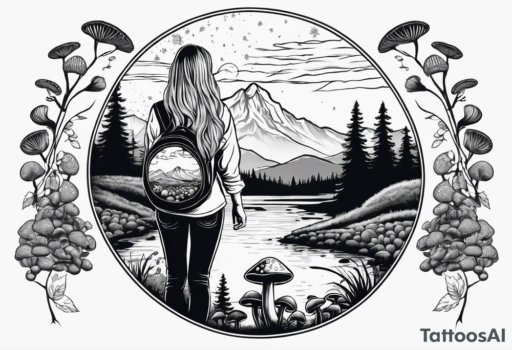 Whole picture encircled fully

Straight long blonde hair hippie girl in distance holding mushrooms in hand facing away toward mountains and creek surrounded by mushrooms long sleeve shirt and hiking pants; whole rendering within a full circle, no cut off circle tattoo idea