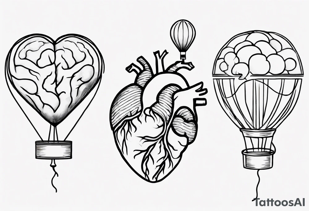 A simple line design anatomical heart and anatomical brain tied with balloon string being held by a woman's hand tattoo idea
