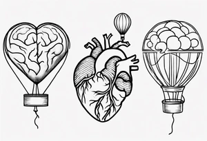 A simple line design anatomical heart and anatomical brain tied with balloon string being held by a woman's hand tattoo idea