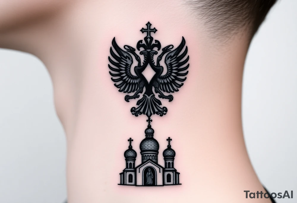 Stacked Vertical Column 

Russian star — bold
Middle: double-headed eagle — simplified, cleaner lines to suit the smaller space
Bottom: Orthodox church dome(s) & a Virgin Mary silhouette beneath tattoo idea