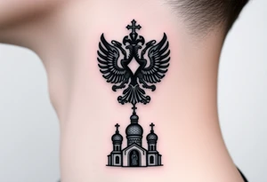 Stacked Vertical Column 

Russian star — bold
Middle: double-headed eagle — simplified, cleaner lines to suit the smaller space
Bottom: Orthodox church dome(s) & a Virgin Mary silhouette beneath tattoo idea