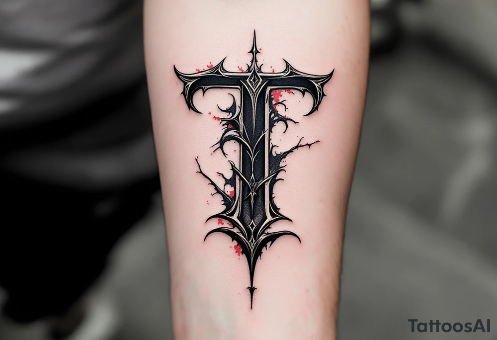 A bold black Gothic "T" with sharp serifs and subtle red shadowing. tattoo idea