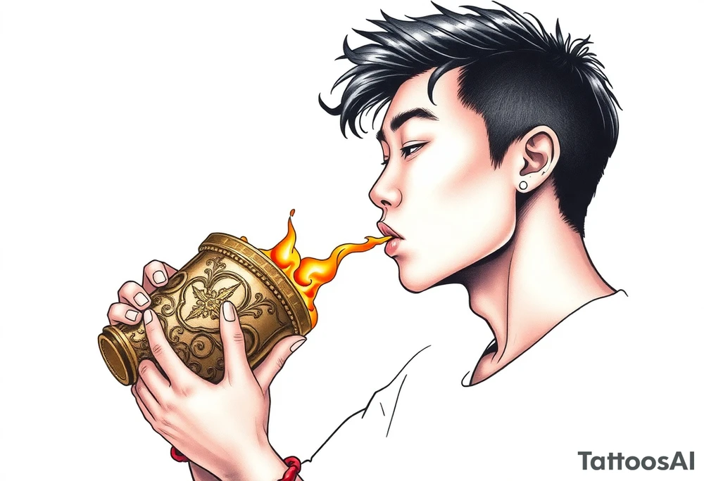 Handsome Asian young guy is drinking from medieval feast cup tattoo idea