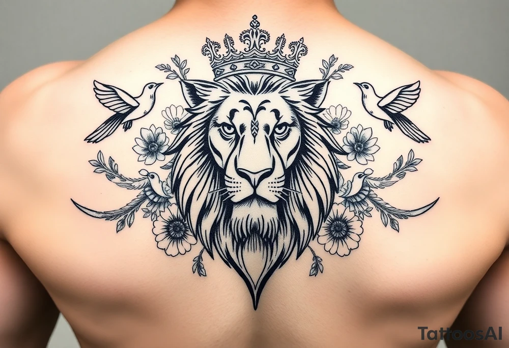 powerful majestic lion with a crown, surrounded by floral ornaments and birds tattoo idea