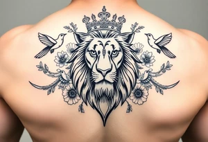 powerful majestic lion with a crown, surrounded by floral ornaments and birds tattoo idea