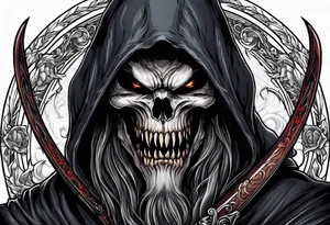 A werewolf face that is the grim reaper holding a scythe tattoo idea