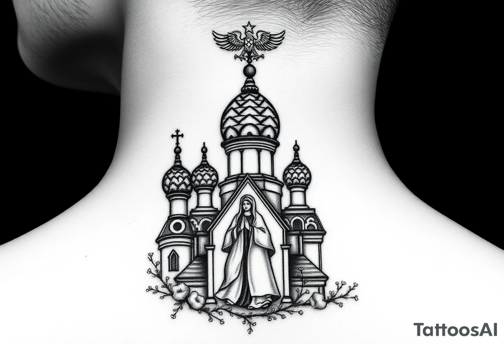 Flowing Scene

A onion domes orthodox church
Virgin Mary in prayer pose wrapping around the lower neck curve
A small double headed russian coat of arms eagle or just the star tucked above the dome near the hairline tattoo idea