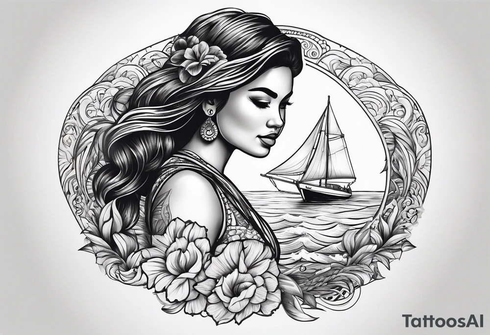 Hula girl on a sailboat with waves tattoo idea