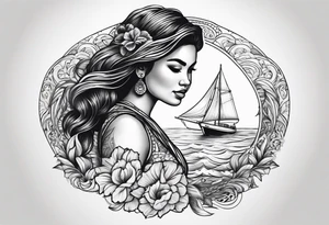 Hula girl on a sailboat with waves tattoo idea