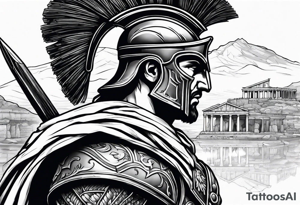 Side profile Spartan Solider ancient roman city in the background tattoo idea Side profile Spartan Solider ancient roman city in the background tattoo idea