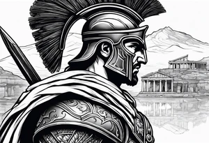 Side profile Spartan Solider ancient roman city in the background tattoo idea