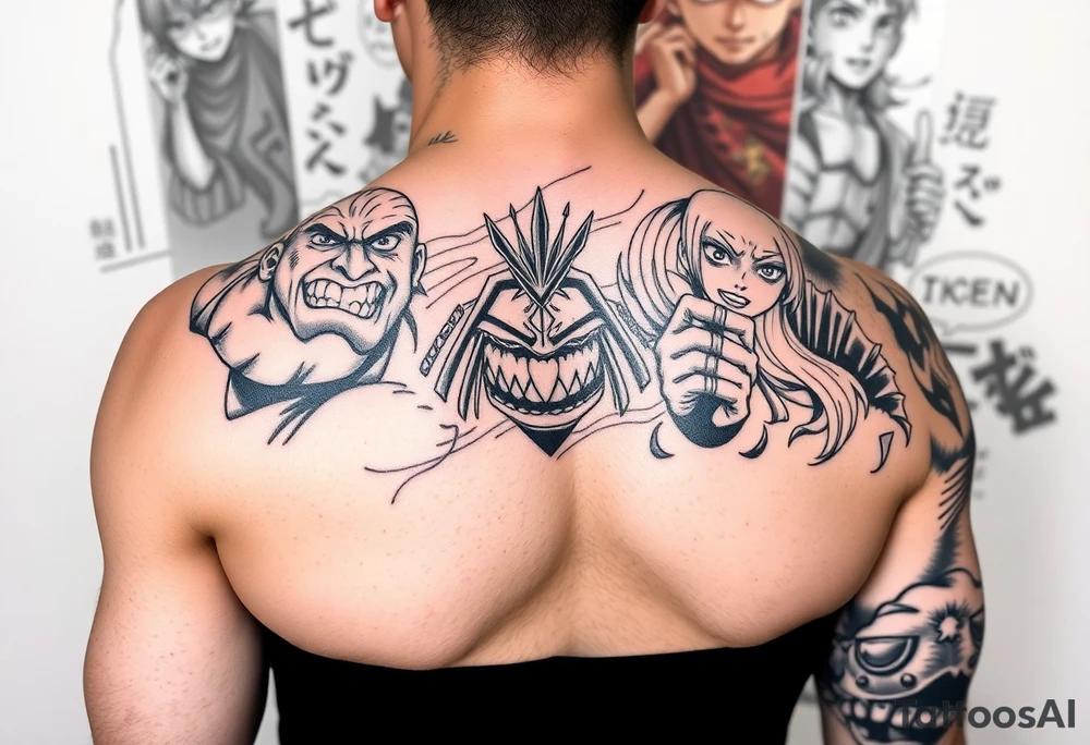 Battle royal anime sleeve with several characters from different Manga tattoo idea