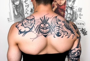 Battle royal anime sleeve with several characters from different Manga tattoo idea