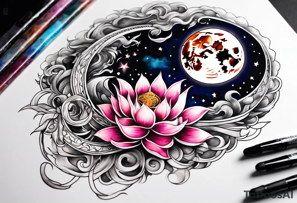 Moon surrounded by ribbons of smoke that dissolve into a lotus tattoo idea