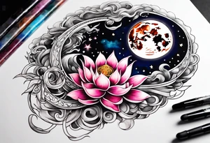 Moon surrounded by ribbons of smoke that dissolve into a lotus tattoo idea