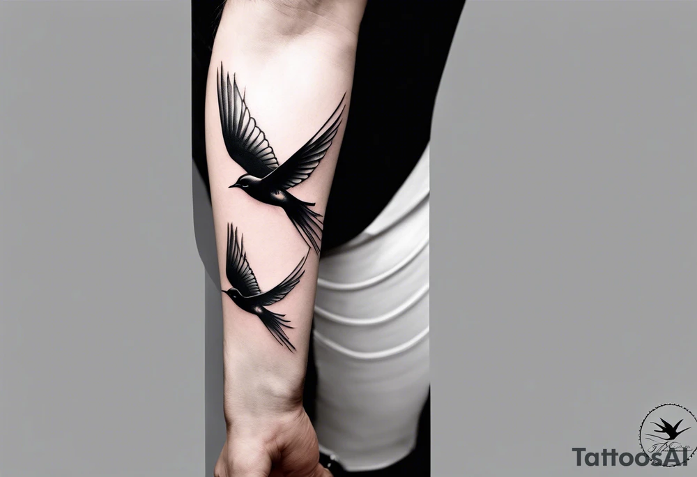 Design a forearm tattoo featuring a minimalist swallows in flight, symbolizing freedom and new beginnings tattoo idea