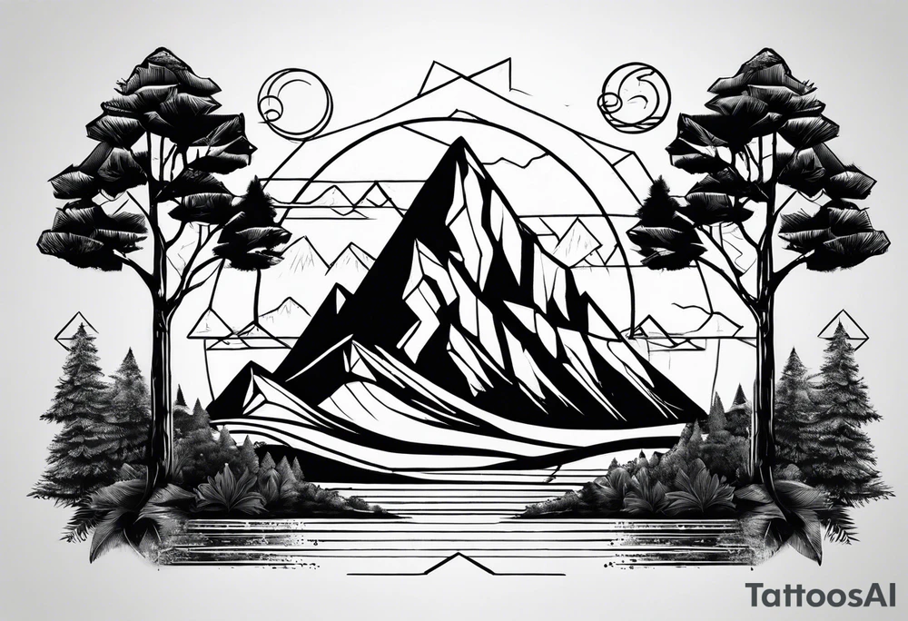 Black line tattoo with three different sizes triangles forming a mountain range with three trees tattoo idea Black line tattoo with three different sizes triangles forming a mountain range with three trees tattoo idea