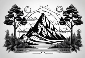 Black line tattoo with three different sizes triangles forming a mountain range with three trees tattoo idea