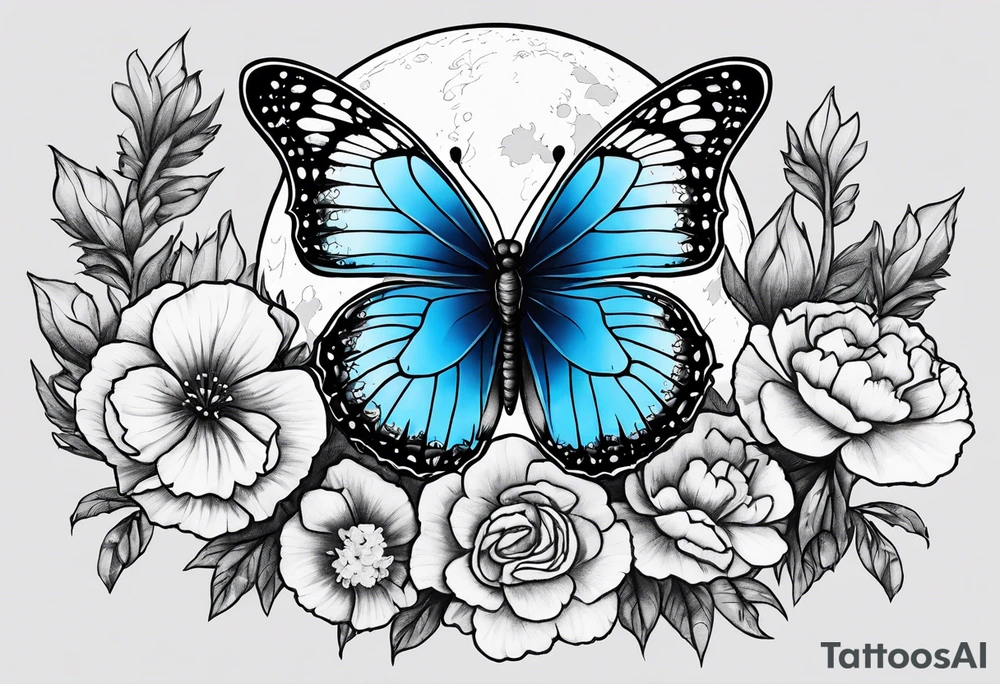 Blue butterfly full moon carnations tattoo idea