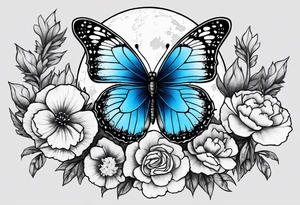Blue butterfly full moon carnations tattoo idea