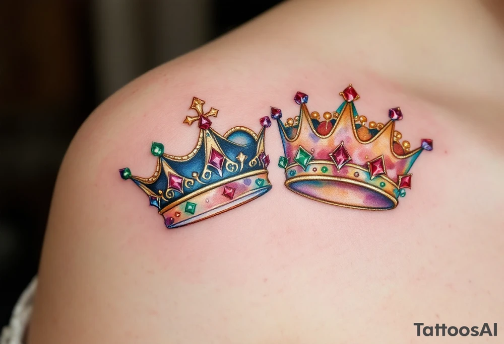 Gold-inked two royal queen and king crowns with tiny emerald and ruby details. tattoo idea