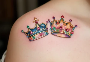 Gold-inked two royal queen and king crowns with tiny emerald and ruby details. tattoo idea