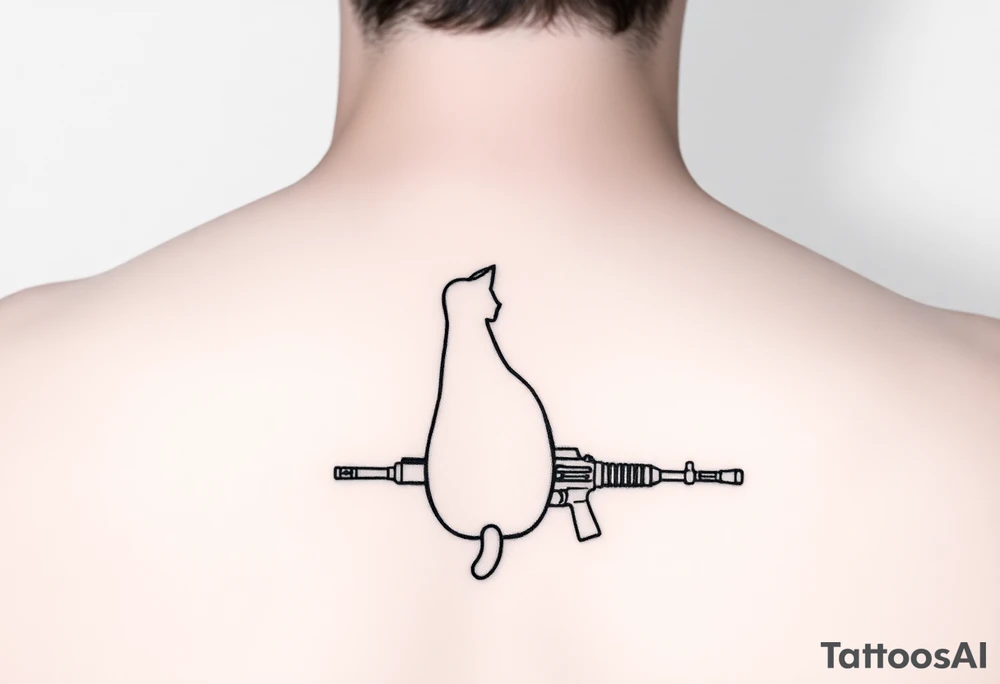 "Minimalist black tattoo of:  
1. Cat (geometric outline, sitting calmly)  
2. Maxim M1910 machine gun (simplified side view)  

Key details:  
- Cat's tail transforms into the gun barrel  
- No shading, only clean 1mm lines  
- Size: 10cm (forearm)  

Style: Like a zen ink painting meets military schematic." tattoo idea