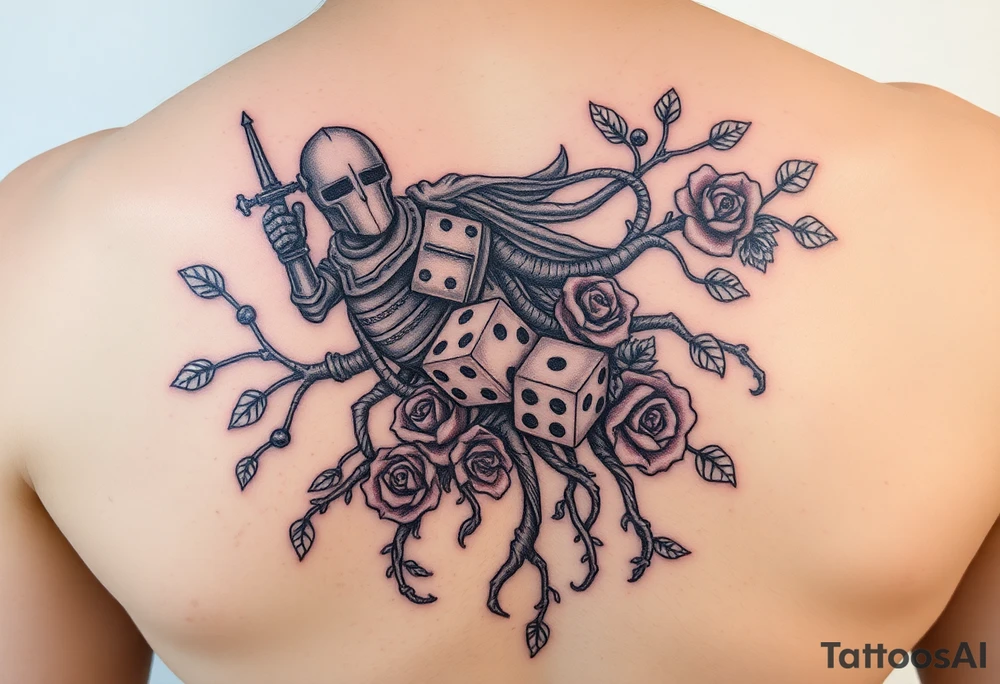knight and squid intertwined with tree roots and roses rolling dice tattoo idea