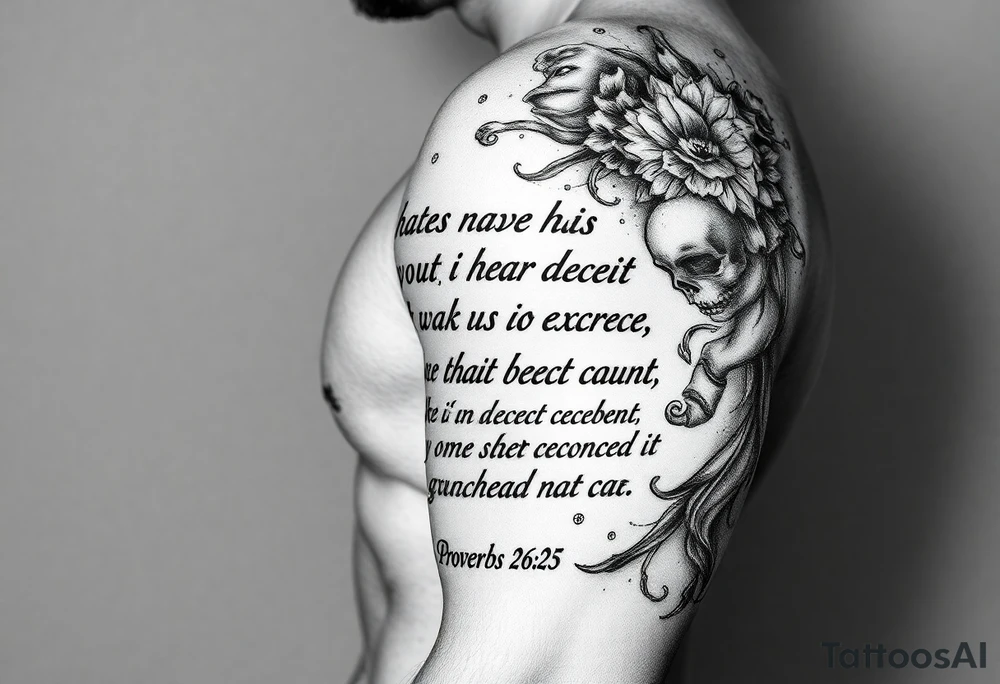 this bible verse proverbs 26: 25-26
He who hates, disguises it with his lips, And lays up deceit within himself,Their hatred may be concealed by deception, but their wickedness will be exposed in the assembly tattoo idea