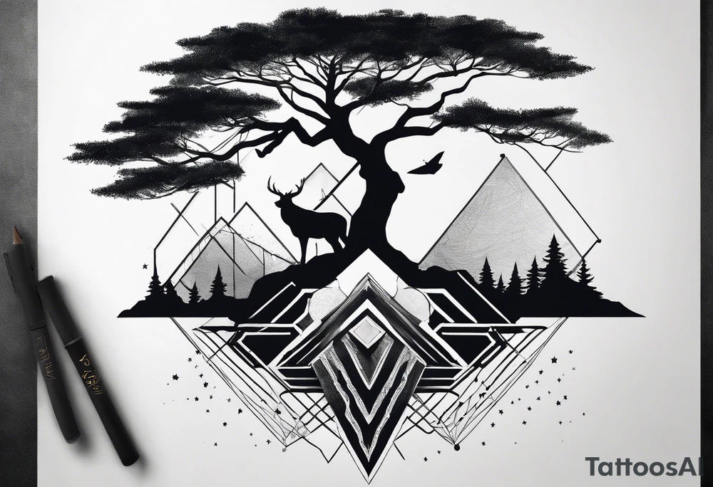 Baum silhouette mit Geometric Muster im Hintergrund tattoo idea