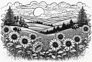 dream like sunflower meadow with distant hills and sunset. two large fuzzy bumble bees occupy the sky with beautiful clouds tattoo idea