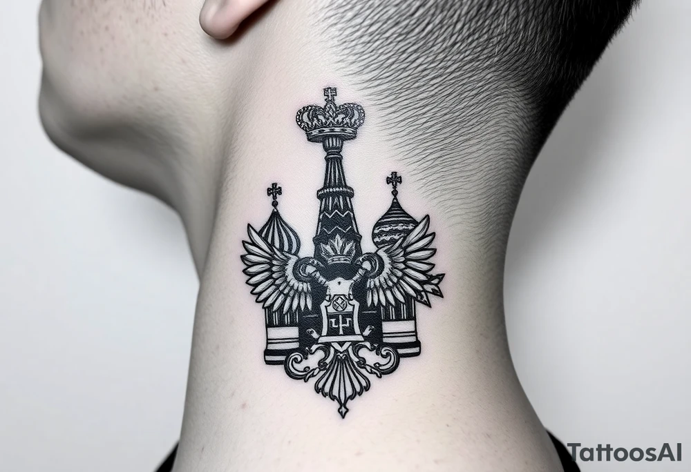 St. George 
3 russian imperial crowns above the Russian coat of arms double eagle
Russian sabre
The Kremlin or St. Basil's Cathedral scene 
on the side of my neck tattoo idea