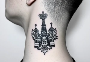 St. George 
3 russian imperial crowns above the Russian coat of arms double eagle
Russian sabre
The Kremlin or St. Basil's Cathedral scene 
on the side of my neck tattoo idea