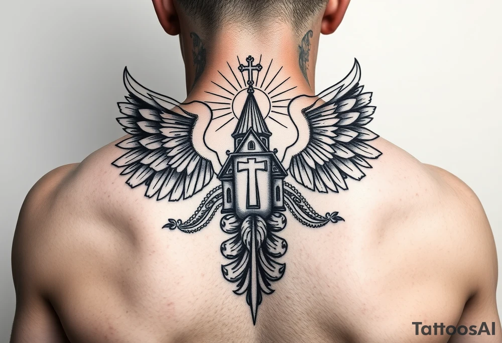 an actual russian coat of arms with both heads visible & wings spanning out on my back neck across on to my shoulders / traps with a orthodox christian church being visible in a mountainous sun beaming setting, with the russian orthodox cross spire of the orthodox church being visible on my neck with a sun beaming in the background that the cross sits inside tattoo idea