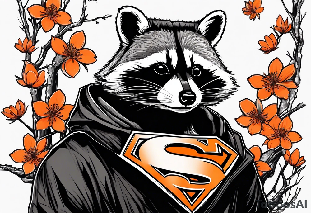 Raccoon wearing a white Superman logo on a black hoodie and orange Japanese cherry blossoms tattoo idea