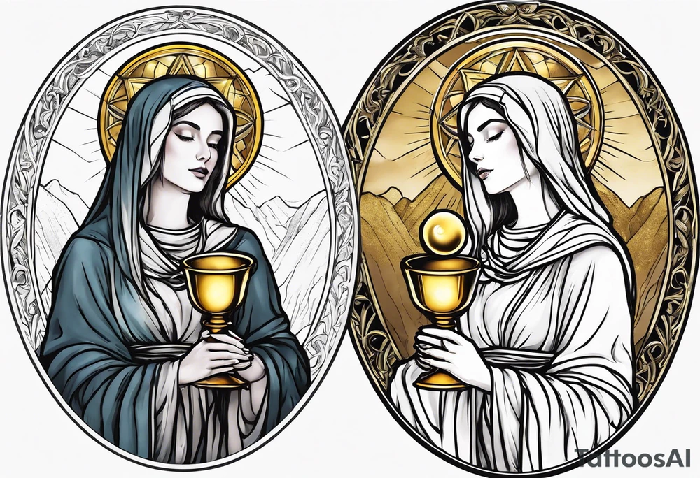 holy saint woman turned away with golden halo holding a chalice tattoo idea