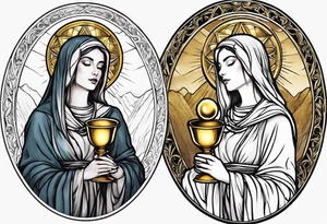holy saint woman turned away with golden halo holding a chalice tattoo idea
