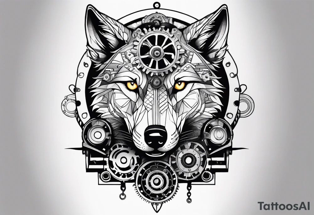 Powerful wolf powered by an engine featuring an "steampunk desing" in the image appears a psiton and a turbo, also the dseign must be vertical tattoo idea