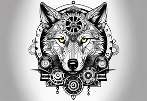 Powerful wolf powered by an engine featuring an "steampunk desing" in the image appears a psiton and a turbo, also the dseign must be vertical tattoo idea